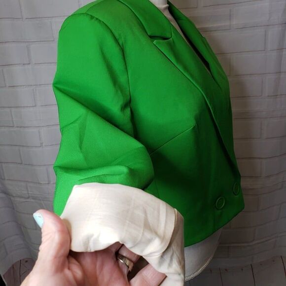 New Bright Green Cropped Double Breasted Blazer Jacket womens L XL Modern Style - Picture 3 of 7